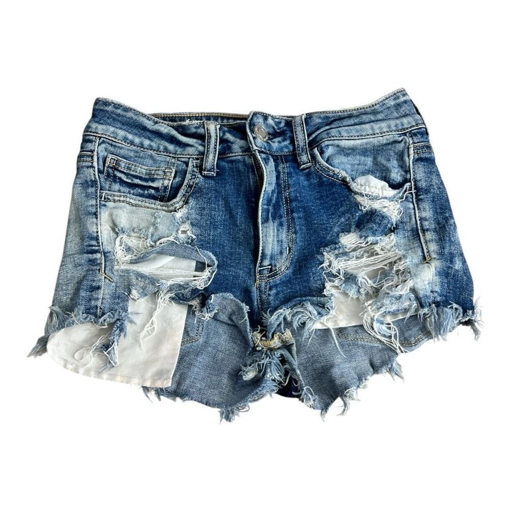American Eagle Blue Shortie Stretch X Distressed Denim Shorts Size 2 Cotton